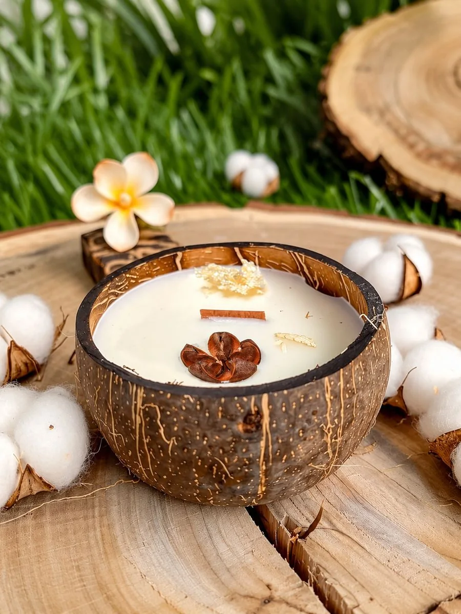 Bougie dans une coque de noix de coco sur un plateau en bois