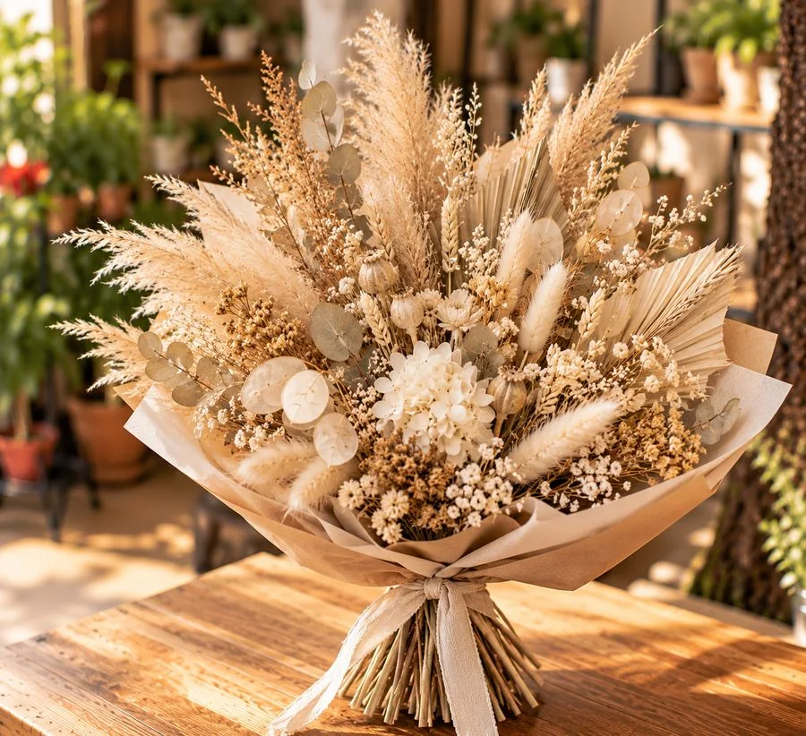 Bouquet de fleurs séchées et pampas dans un papier kraft