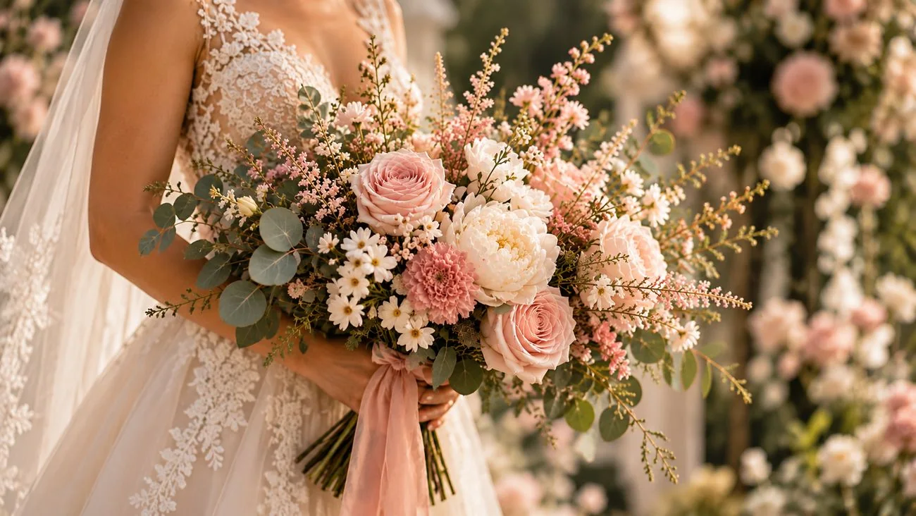 Bouquet de mariée en roses et pivoines poudrées