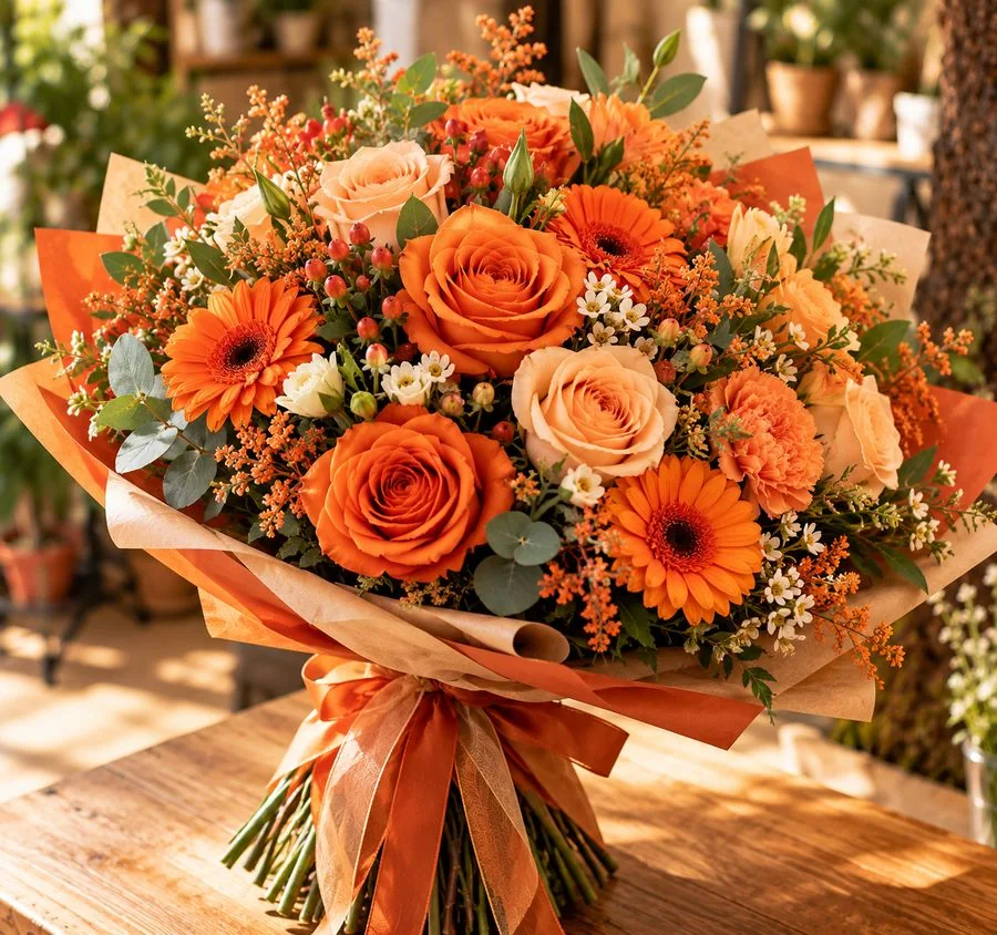 Bouquet rond de roses orange et gerberas