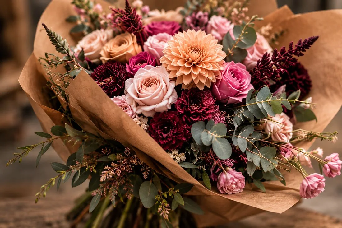 Bouquet de roses, dahlias et eucalyptus dans un papier kraft