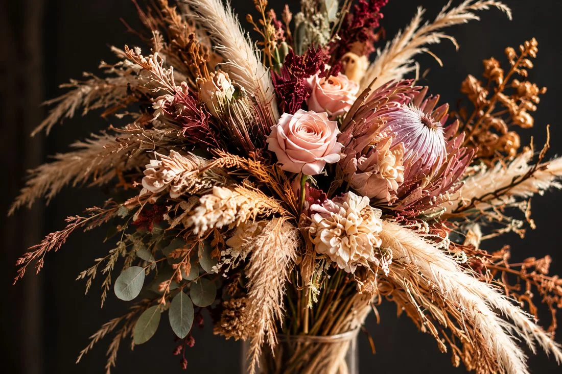 Bouquet Signature en fleurs séchées, pampas et protéa sur fond sombre
