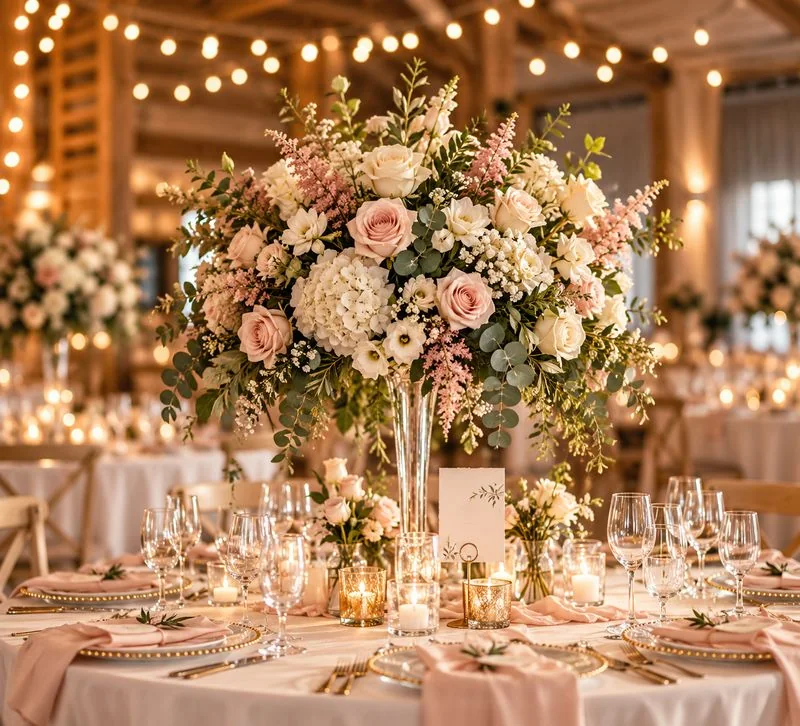 Centre de table de mariage en roses poudrées