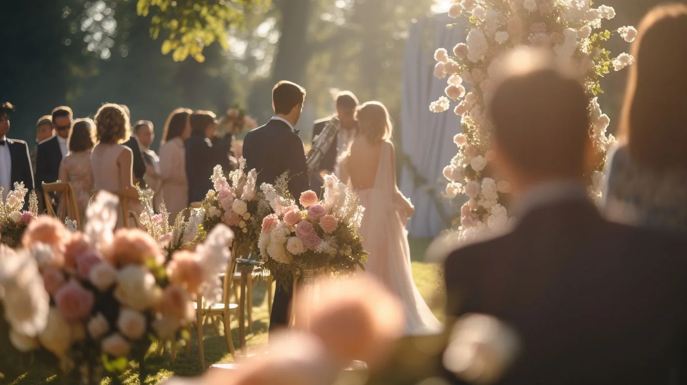 Cérémonie de mariage en plein air, allée bordée de fleurs