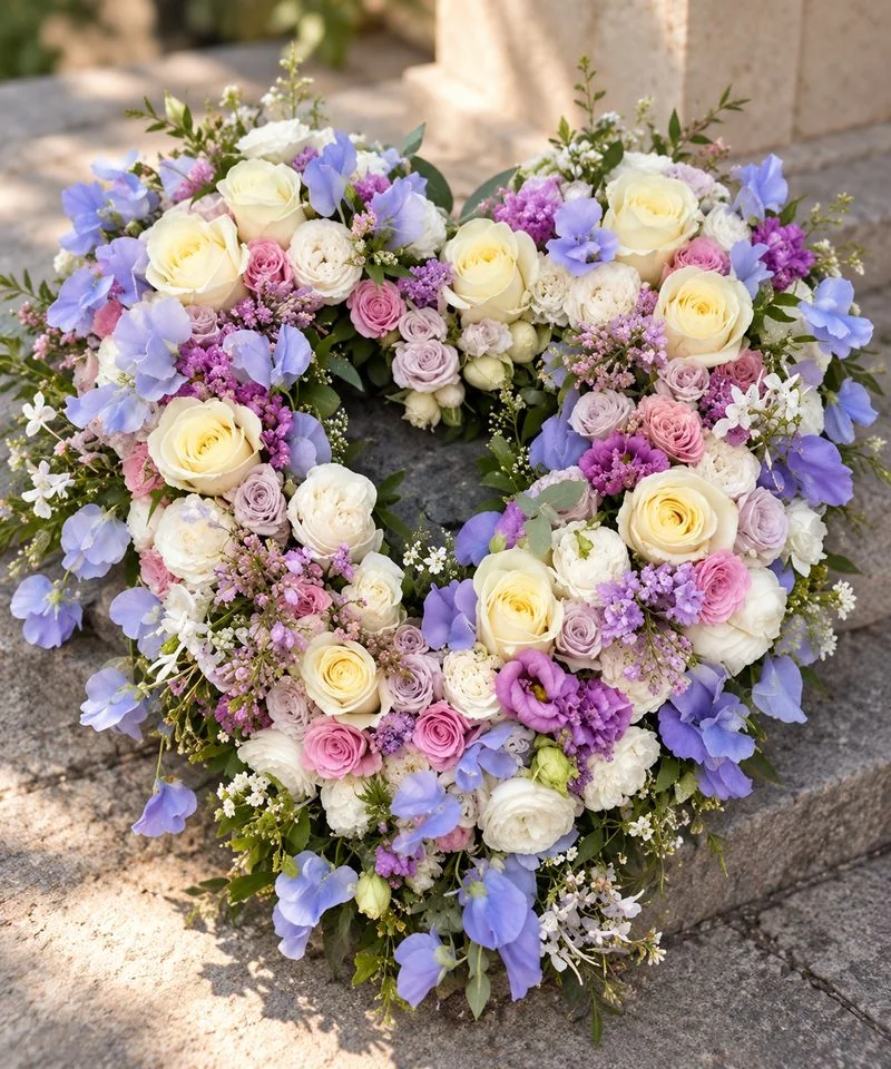 Cœur de fleurs en roses crème et fleurs bleues