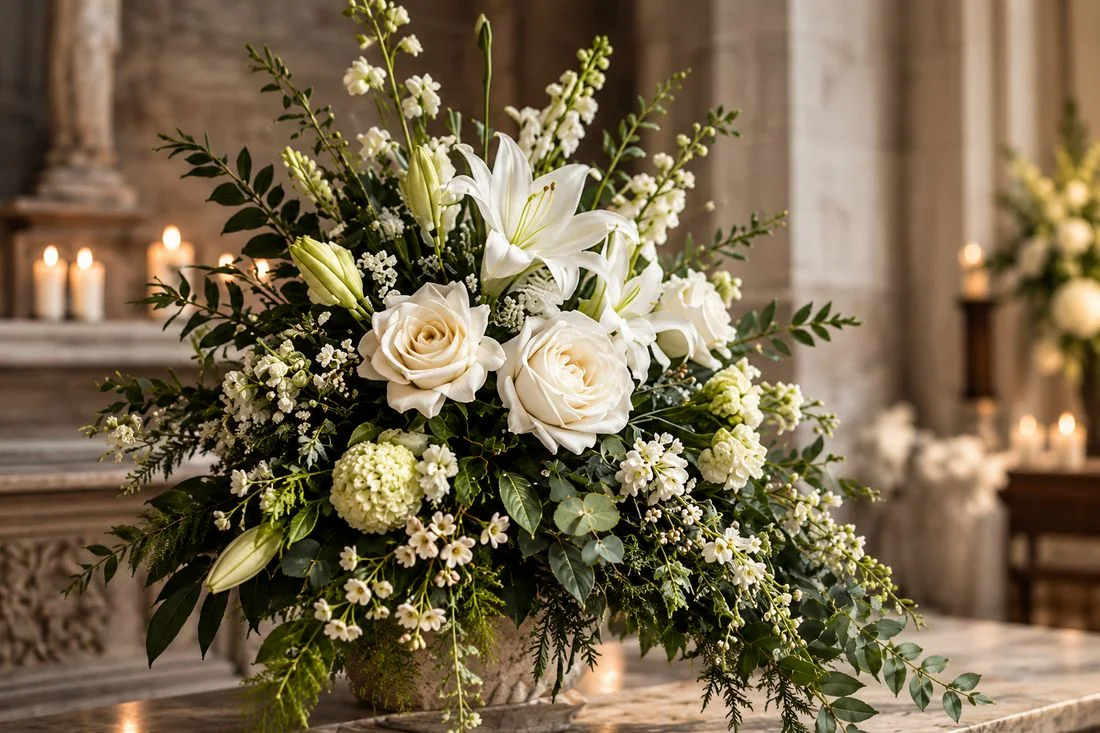 Composition de deuil en roses et lys blancs