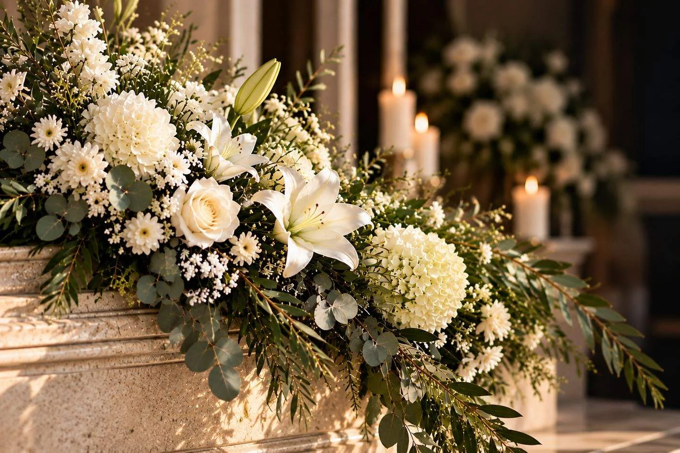 Composition de deuil en roses et lys blancs, bougies allumées