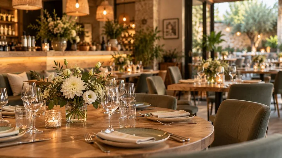 Composition florale sur la table d’un restaurant