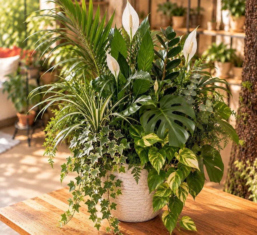 Composition de plantes vertes et fleuries en pot