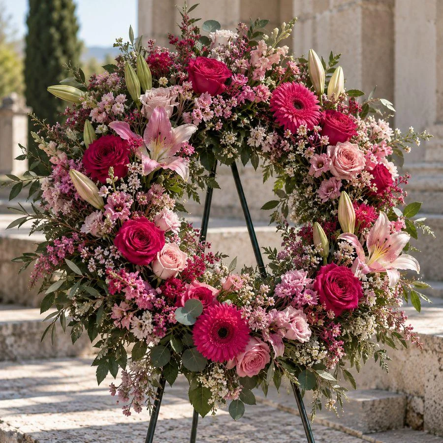 Couronne de deuil en roses et gerberas