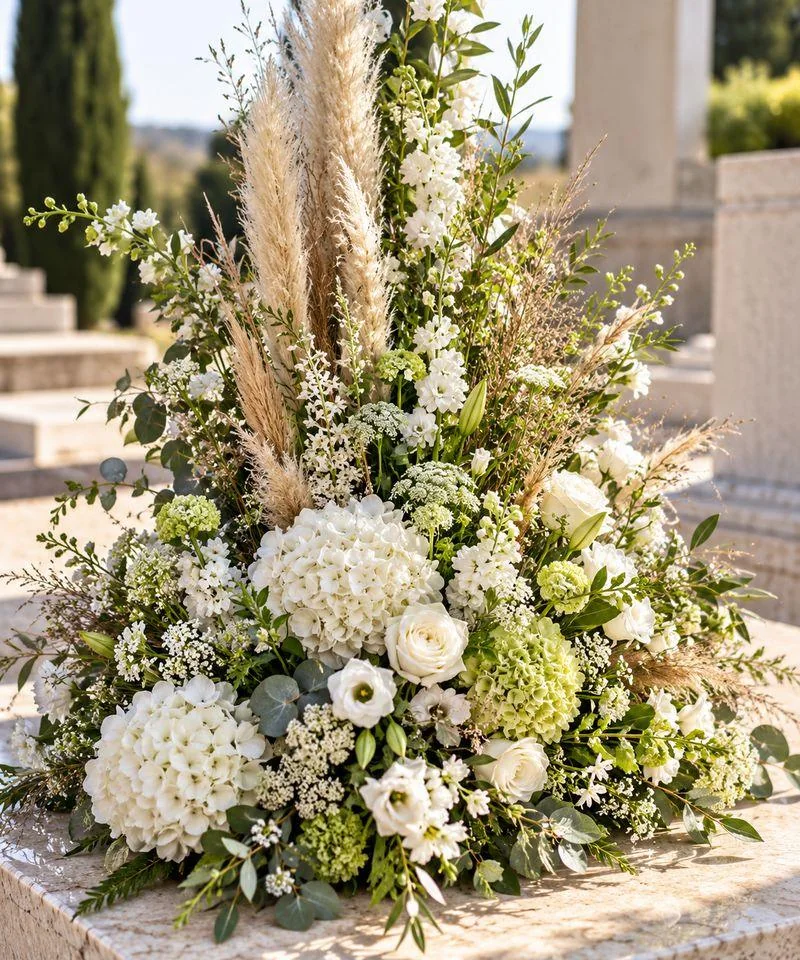 Dessus de cercueil en hortensias blancs et pampas