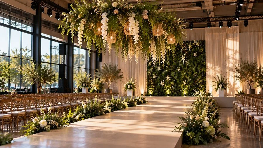 Installation florale suspendue au-dessus d’une allée