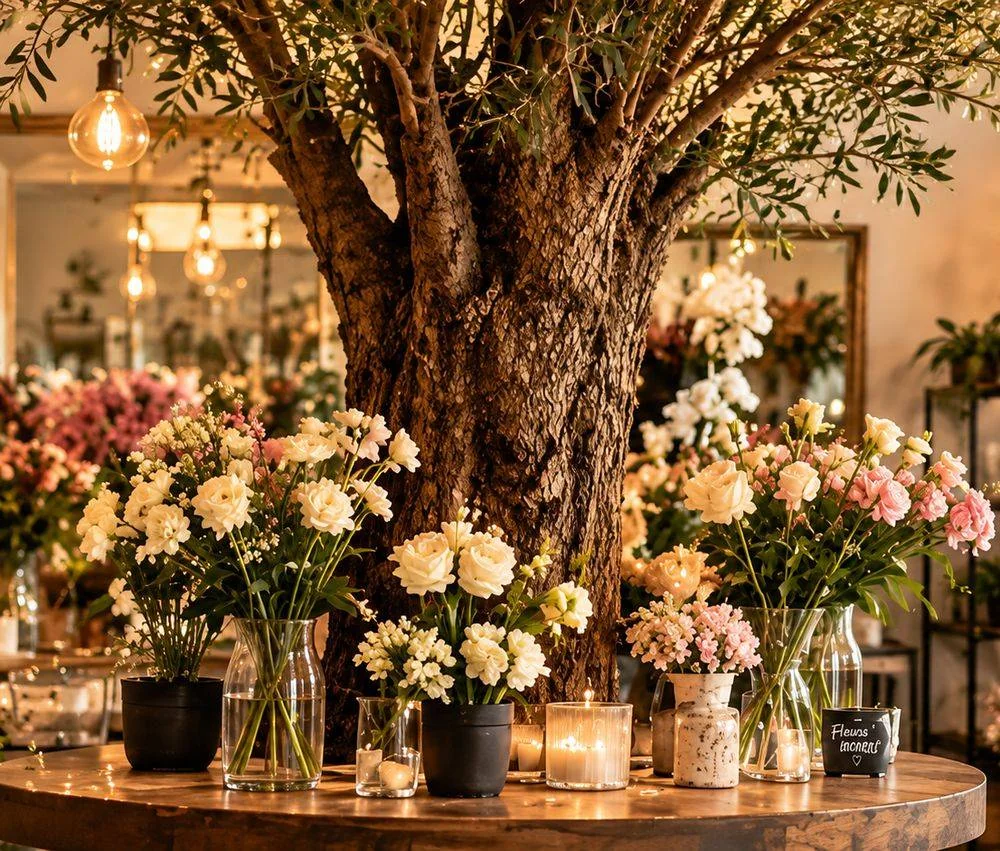 L’intérieur de la boutique Jé.Flors, bouquets en vases autour d’un olivier