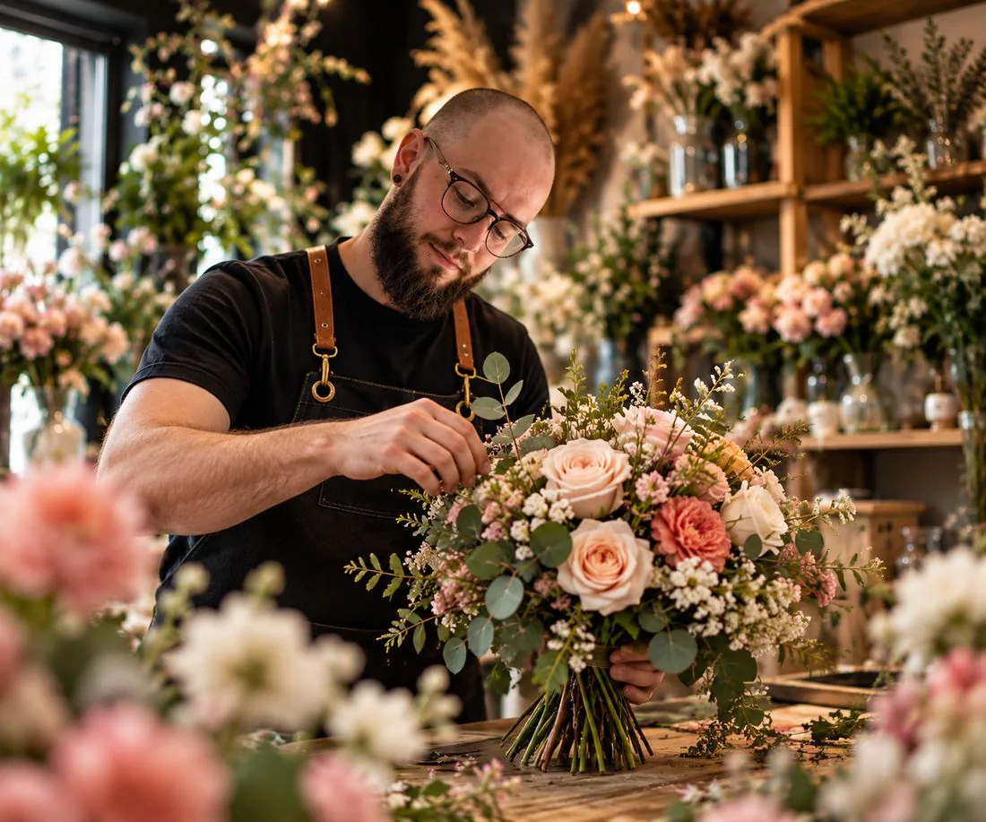 Jérémie compose un bouquet de roses et de pivoines dans l’atelier