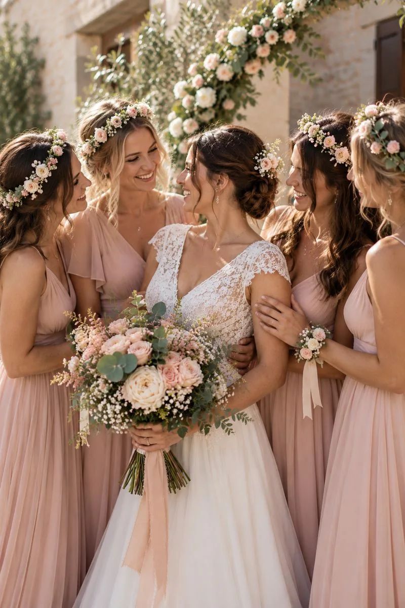 Mariée et demoiselles d’honneur avec couronnes et bracelets de fleurs