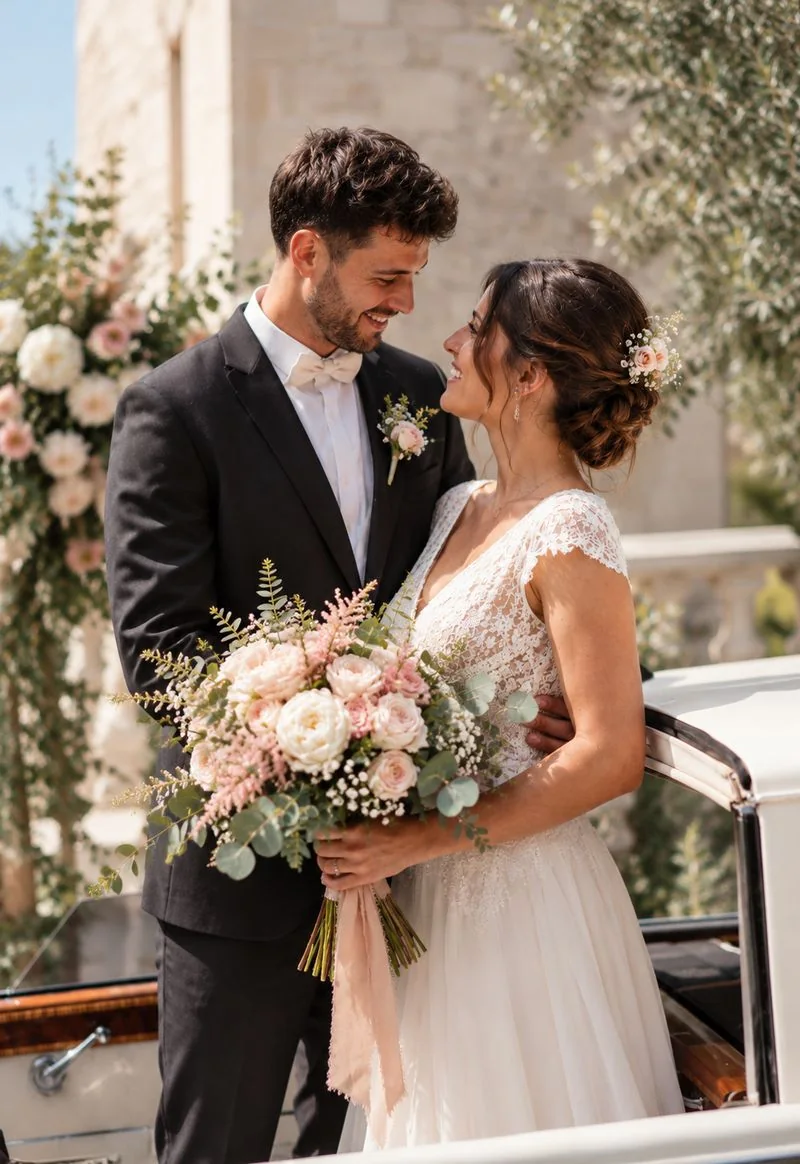 Mariés et bouquet de mariée en roses poudrées