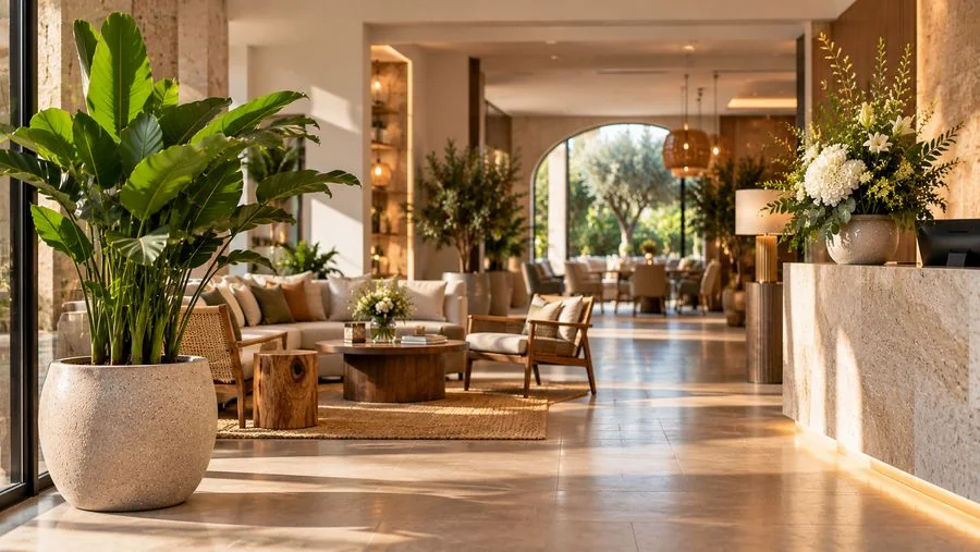 Plantes et compositions dans le hall d’un hôtel